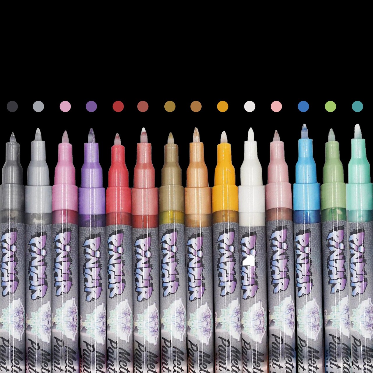 PINTAR Metallic Markers Paint - Metallic Paint Pens Fine Point - Fine Tip Paint Pens - Acrylic Markers Paint Pens - Acrylic Paint Pens for Rock Painting, Wood, Glass, Leather, Shoes - Pack of 14